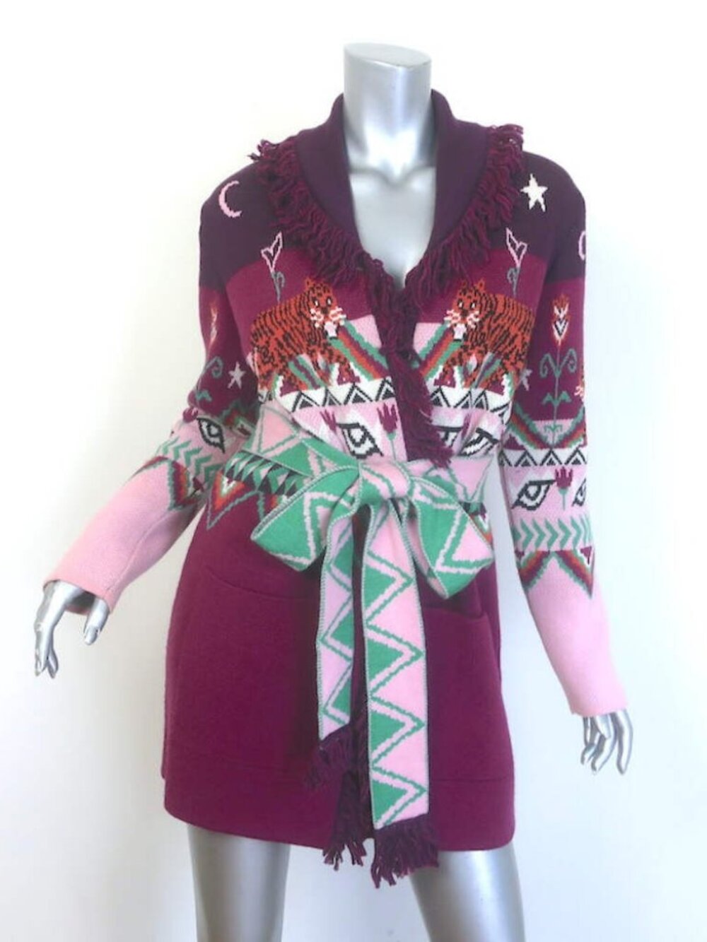 Hayley Menzies Tigress Belted Fringe Cardigan Plum/Multi Wool Size Extra Small